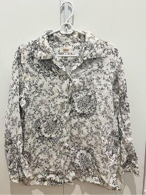 Talbots White Button-Front Blouse with Black Floral Scroll Print